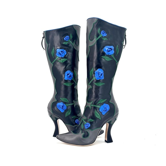 NEW Miu Miu SS 2012 Runway Rose Applique Western Pointed Toe Knee High Boots 37 - Picture 3 of 11